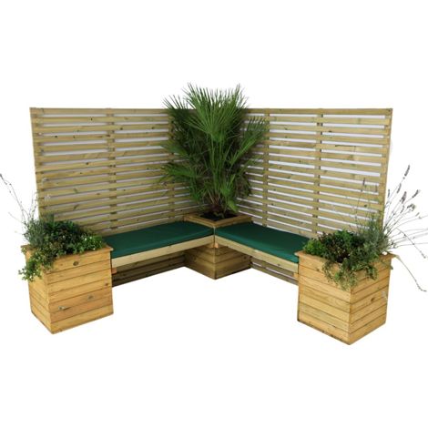 Corner Planter Bench with 2 Seat (6x5) Contemporary Fence Panels - L50 x W50 x H53 cm - Partially Assembled - Set of Waterproof Cushions Included