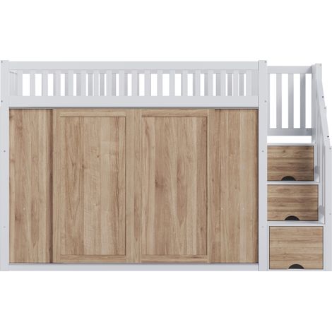 Kinder-Hochbett 90x200 cm mit Kleiderschrank, Stauraumtreppe, Holz/MDF, Weiß/Eiche (1/5)