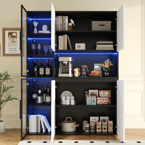 Vitrine de salon, 120x40x160 cm, Buffet haut moderne avec éclairage LED et portes en verre, Meuble de rangement en MDF, Noir et Blanc (1/5)