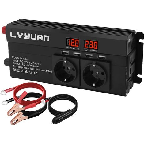 Inversor para coche, 3 tomas de corriente, 4 puertos USB, 1300W - negro (1/2)