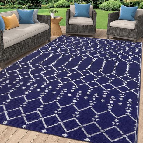 Tapis d'extérieur résistant aux intempéries 120 x 180 cm, utilisable des deux côtés, imperméable, tapis bohème pour terrasse, jardin, balcon, camping, pique-nique, bleu marine (1/5)