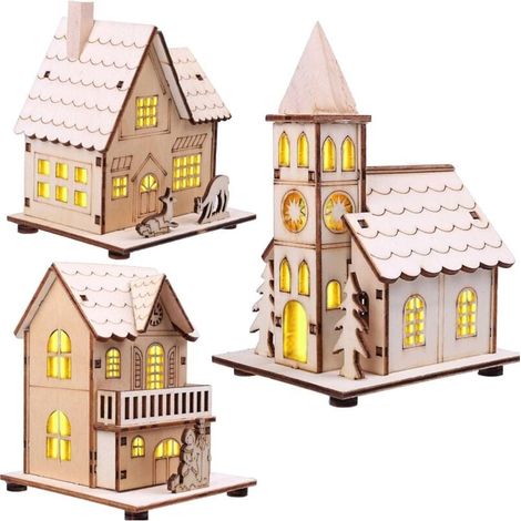 LED Light-Up Wooden Christmas Village Houses, Miniature Christmas Village House with Lights, Christmas Holiday Table Decoration, Christmas Tree Pendants Decorations (3 Pieces)