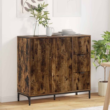 Buffet chêne fumé 3 tiroirs 2 portes en bois d’ingénierie 89,5 x 33 x 82 cm - PANGIVO (1/5)