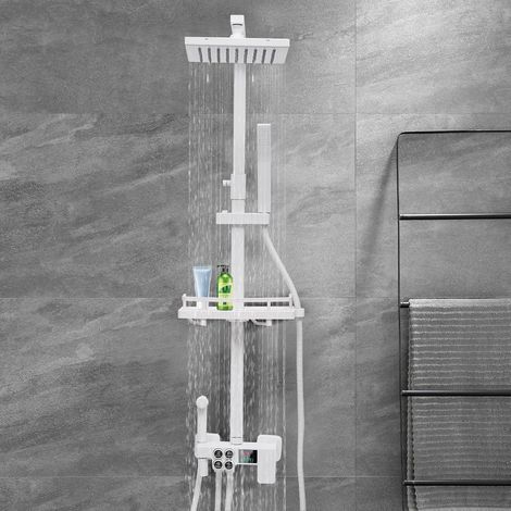 Système de douche à effet pluie avec robinetterie - Kit de douche complet - Colonne de douche avec thermostat - Rail de douche réglable blanc laqué - 4 sorties (1/5)