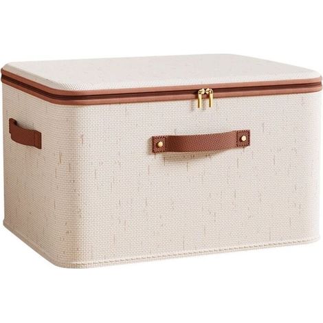 1 boîte de rangement en tissu, 40 x 30 x 21 cm, coton-lin, avec couvercle zippé et fermeture métallique, hydrofuge, pour penderie ou sous-lit (1/3)