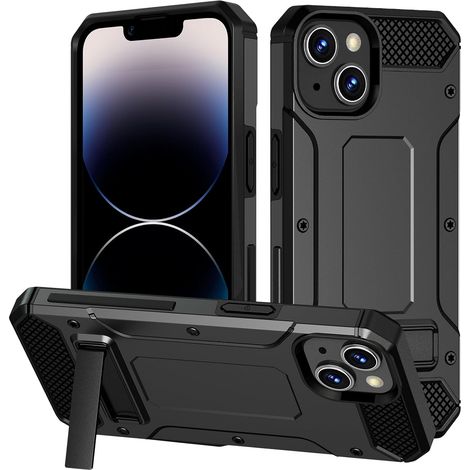 COQUE EN SILICONE DURCI NOIRE POUR APPLE IPHONE 13/14 AVEC SUPPORT (1/5)