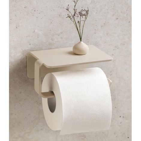 Porte-Papier Toilette Mural - 1 Pièce - Aluminium Mat - Fixation Adhésive Sans Perçage avec Étagère - Salle de Bain Moderne - Sable Taupe (1/5)