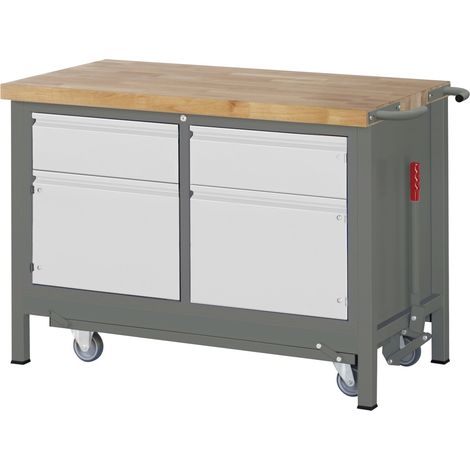STIER Werkbank Premium, mit abs. Fahrgestell, 2 Schubladen und 2 Türen, 125x70x88cm, Stahl und Buche