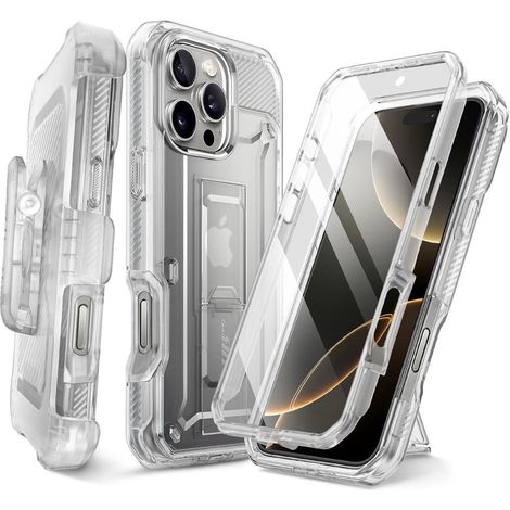 Coque transparente pour iPhone 16 Pro Max avec béquille et clip ceinture (1/5)