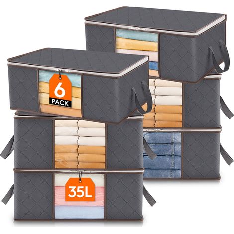 Lot de 6 Sacs de Rangement Vêtements 35 L - Boîte Pliable Sous Lit, Housse Organisateur Placard pour Couettes et Couvertures, Gris