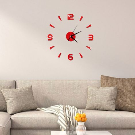 Horloge murale autocollante 1mm acrylique miroir décoration DIY moderne maison bureau salon (Rouge) (1/4)