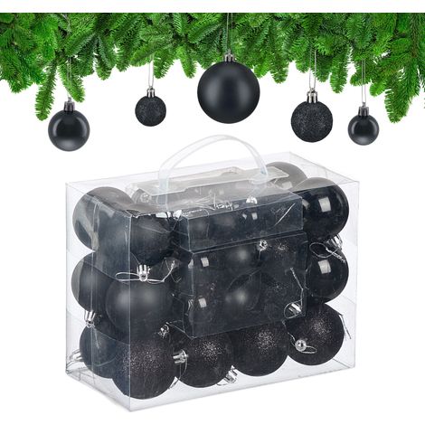 Relaxdays Weihnachtskugeln im 50er Set, Kunststoff, glitzernde, matte, glänzende Baumkugeln, Christbaumschmuck, schwarz