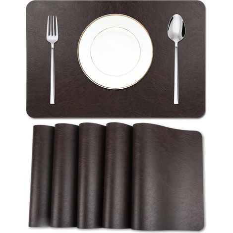 Lot de 6 sets de table en cuir synthétique avec une texture peau de vache, résistants à la chaleur, antidérapants, imperméables, lavables - Pour cuisine, salle à manger, table en polyuréthane (1/5)