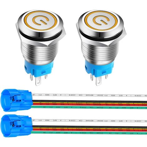 16mm Acier Inoxydable Verrouillage Bouton Poussoir Interrupteur, LED de Symbole d'alimentation 12V-24V 5A Interrupteur à Levier Étanche avec Fiche à Douille LED Jaune (1/5)