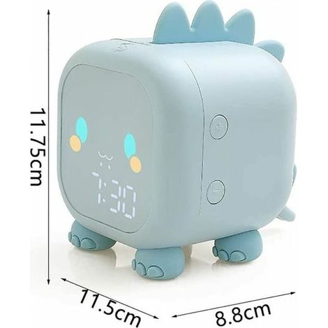 Niedlicher Dinosaurier-Wecker für Kinder, USB-aufladbar, zeigt automatisch Uhrzeit, Datum und Temperatur an, Nachttischlampe mit Schlummerfunktion und sprachaktiviertem Nachtlicht. (1/5)