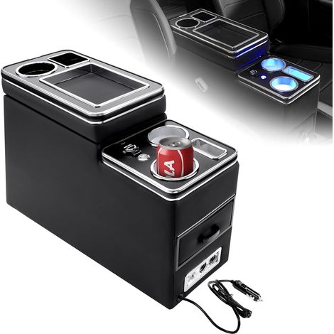 Upgraded Center Console with Storage Box, Black Leather Compatible with T4 T5 T6 T7 T6.1 2003-2019, with Drink Holder, Storages, USB and LED Lights, Easy Installation (1/5)