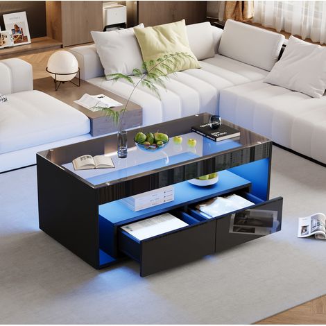 Table basse 100x50x40 cm noire avec LED, 2 tiroirs, plateau en verre trempé, MEUBLIV (1/5)