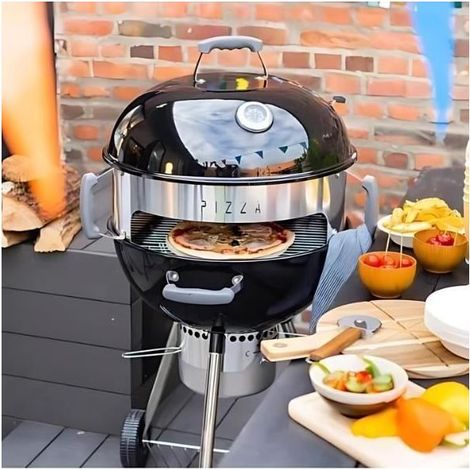 Four à pizza électronique 2 en 1 – Acier émaillé argenté – Surface de cuisson 54 cm – Fonctionne au charbon avec briquettes céramiques – Cuisson homogène – ME (1/4)
