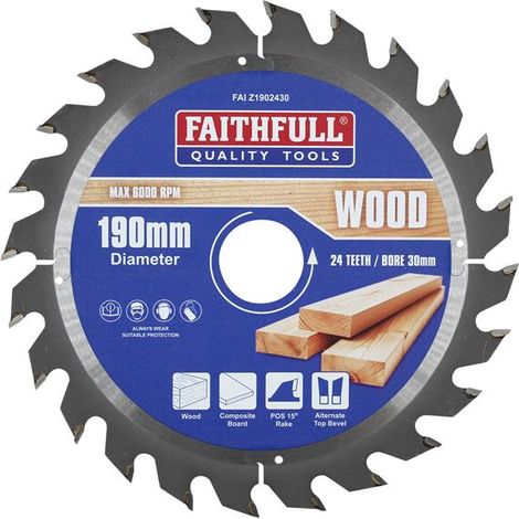 Faithfull FAIZ1902430 Circular Saw Blade, TCT, 190mm Diameter, 30mm Arbor, 24 Teeth, Compatible with 16mm and 20mm Bore Sizes