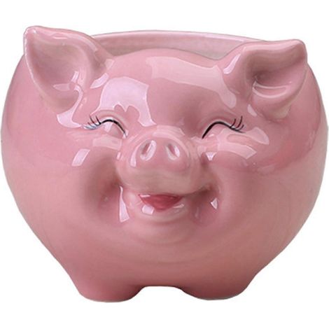 Pot de fleurs en céramique style nordique, motif cochon, plante grasse ou bonsaï - grand modèle - rose