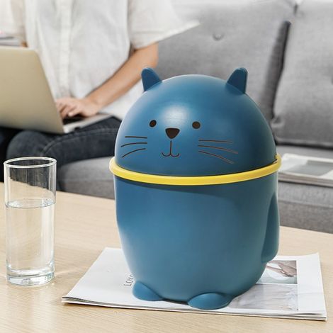 Poubelle de bureau avec couvercle en plastique, mignonne et multifonctionnelle, pour la maison, le bureau ou le comptoir, bleue. (1/5)