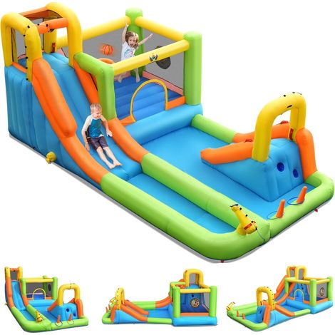 Goplus – Château gonflable aquatique – Aire de jeux avec toboggan, canon à eau, panier de basket – Pour 3 enfants de 3 à 10 ans – Charge max 135 kg – 504 x 295 x 217 cm