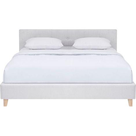 Lit adulte 160x200 cm avec tête de lit capitonnée en tissu beige - Milo (1/5)