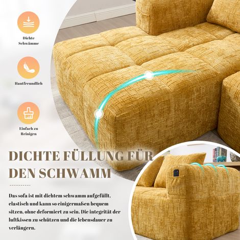 Canapé d'angle moderne 3 places, fauteuil en chenille avec méridienne, accoudoirs, 3 coussins, poche latérale pour télécommande, sans montage, jaune. (1/5)