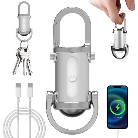 Mini-Taschenlampe mit wasserdichtem Schlüsselanhänger 1200 Lumen superhelle LED tragbare Taschenlampe mit Powerbank und 8 Modi geeignet für und silber
