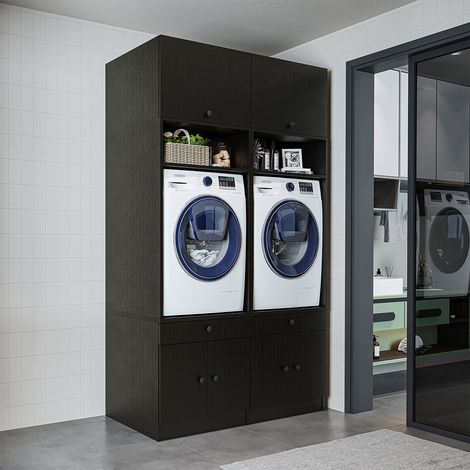 Roomart S1 Waschmaschinen-Doppelschrank 134 cm, Schwarz-Eiche
