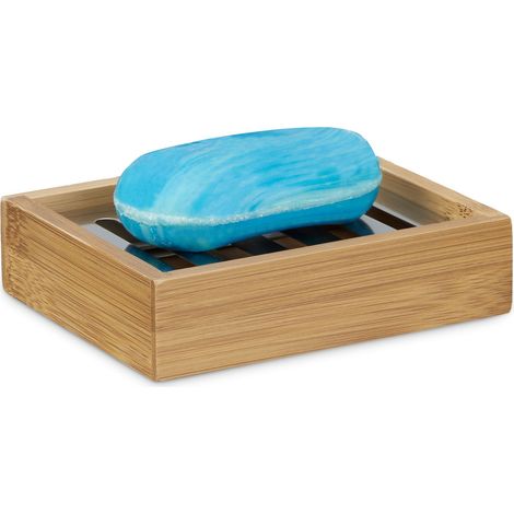 Relaxdays Porte-savon bambou, rectangle, grille en inox. support pour savon, salle de bain HxlxP : 3x12,5x10 cm, nature (1/4)