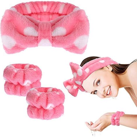 3-teiliges Spa-Stirnband-Set: Armband, Waschband (rot, Kunststoff), Peelingring, Wascharmband, Make-up-Stirnband, Haarband (1/5)