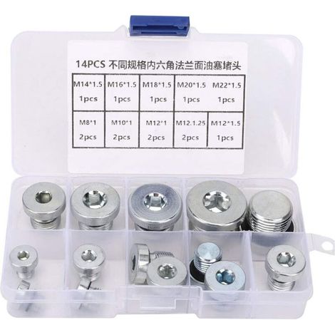 Bouchon de vidange de carter d'huile, 14 pièces de bouchon de vidange à douille hexagonale, écrou de vidange de carter à bride d'huile, ensemble d'assortiment