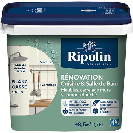 Peinture Rénovation Cuisine et Bain - Satin - 0,75L - Blanc Cassé - Ripolin (1/5)