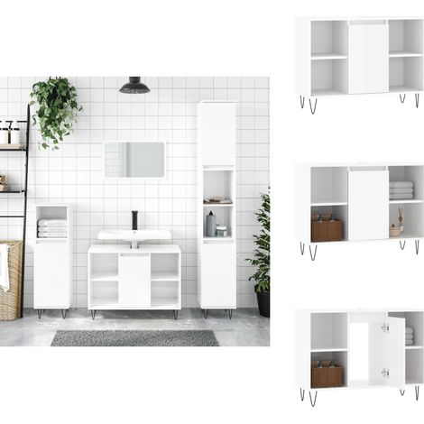 Badschrank Hochglanz-Weiß 80x33x60 cm Holzwerkstoff - Badeschrank - Holzwerkstoff - Weißer Badschrank - Badezimmermöbel - Spiegelschrank (1/5)