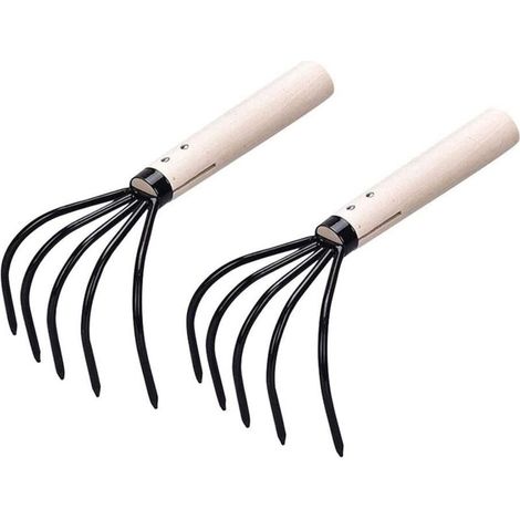 Cultivateur à Main 5 Dents - Lot de 2 Petits Râteaux avec Manche en Bois - pour Ameublir la Terre et Désherber les Massifs (1/3)