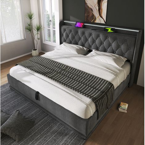 letto contenitore 160x200 LED USB lino grigio OKMYHOME (1/5)