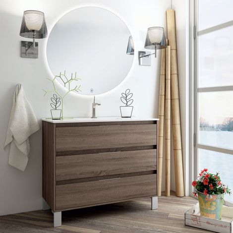 Meuble de salle de bain simple vasque - 3 tiroirs - Britannia (chêne foncé) - TIRIS 3C et miroir rond Led SOLEN - 80cm (1/5)