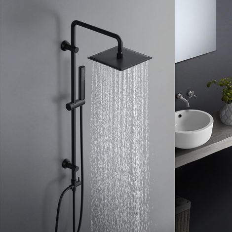 Görbach Duschsystem ohne Armatur für vorhandene Armatur, Eckige 20 x 20 cm Regendusche aus Edelstahl, Flexible Wandhalterungen, Schwarz Matt (1/5)