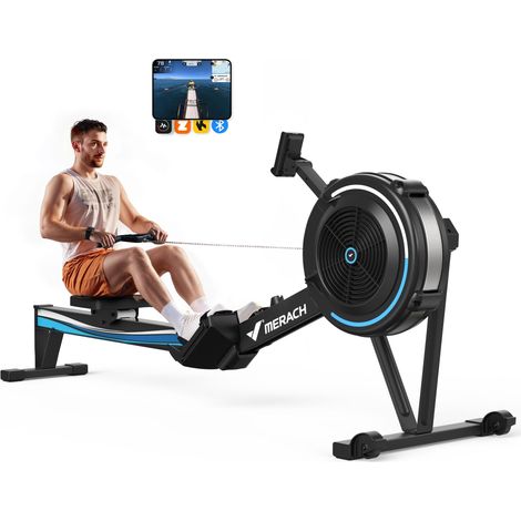 Rameur à air 10 niveaux de résistance – Compatible avec applications MERACH, Kinomap, Zwift – Rail extra-long pour mouvements fluides