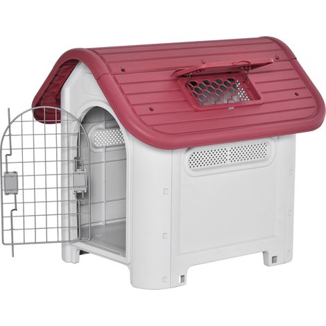 Niche pour petit chien en plastique avec toit étanche, fenêtre de toit réglable et porte, rouge (1/5)