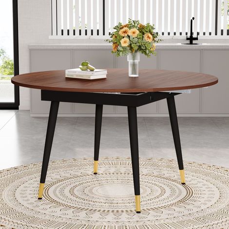 Table de salle à manger extensible moderne ronde/ovale, plateau MDF noir/noyer avec détails dorés, pieds métal, gain de place cuisine & salle à manger (1/4)