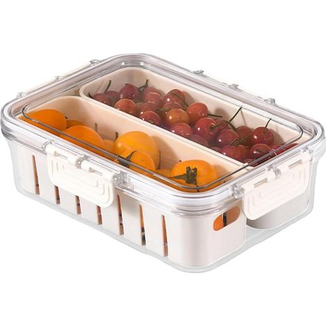 Récipient de conservation transparent pour fruits et légumes à 2 compartiments avec paniers d'égouttage, boîte de conservation hermétique divisée de 24 x 17 x 7 cm pour le stockage au réfrigérateur (1/5)