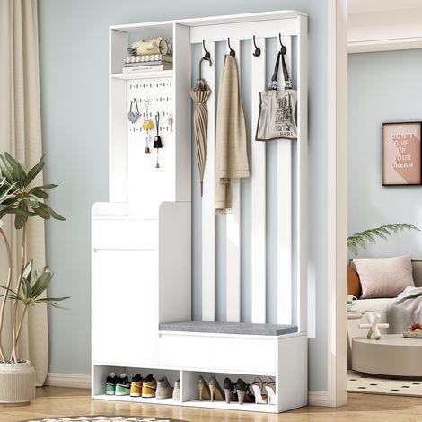 Armadio da ingresso con panca contenitore imbottita, scarpiera multifunzionale da ingresso con pannello forato, armadio moderno con 4 ganci per ingresso, lavanderia, bianco, H180/L100/P35 cm