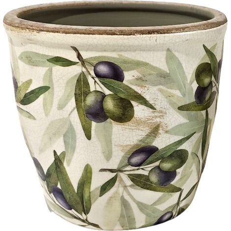 Macetero de cerámica craquelada beige con aceitunas 17 cm (1/5)