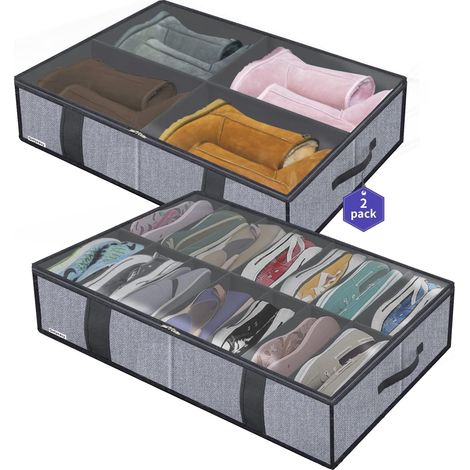 Scarpiera sottoletto (grande, 12+4 scomparti), pieghevole, 74,5 x 60 x 15 cm, grigio lino, XDUBS14S4