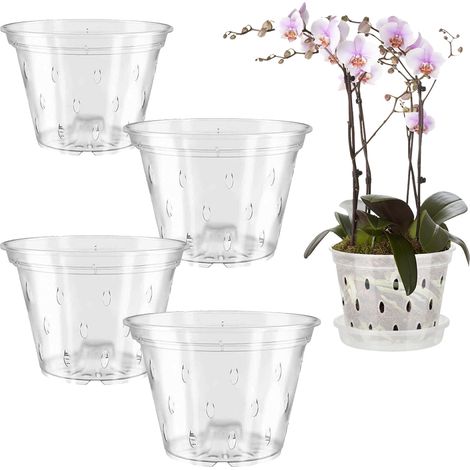 Maceta transparente para orquídea Phalaenopsis + platillo NYED110 NYED125 NYED150 NYED170 Juego de 8 macetas con control de raíces (1/4)