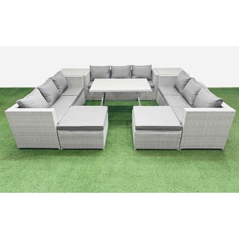Fimous 11 Seat Outdoor Patio PE Rattan Garden Furniture with Cushions 3 Seater Sofa 2 Side Tables 2 Big Stools Light Grey (1/4)