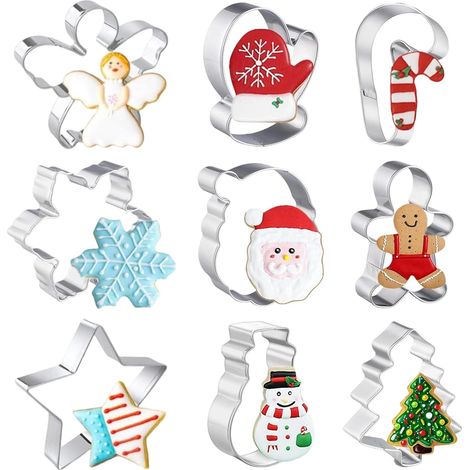 Set of 9 cookie cutters, Christmas stainless steel cookie cutters, Christmas set, tree, snowflake, candy cane, Santa Claus, snowman, for baking fondant cakes (1/5)