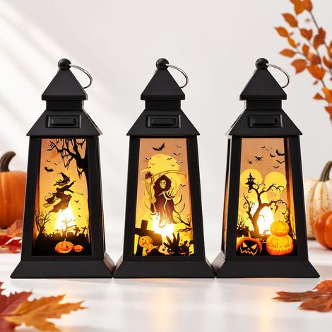 FLITI Set of 3 Halloween LED Lanterns: Pumpkin, Skeleton, Witch, Indoor/Outdoor Decoration, Batteries Included, Warm Light (1/5)